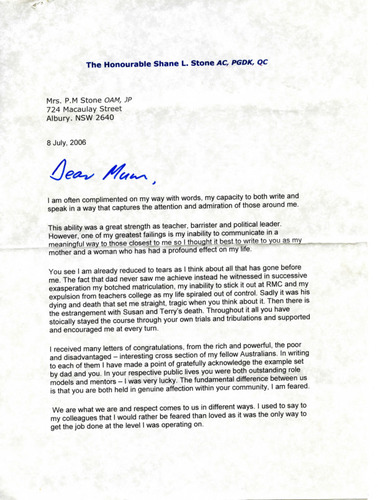 Shane Letter Letter to Pam Stone from Shane Stone | The Stone Family in Australia