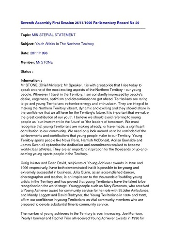 Preview medium seventh assembly first session 26 nov 1996 parliamentary record no 29 youth affairs in the northern territory 28 nov 1996.