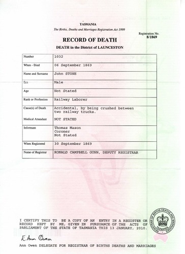 Preview medium bdm tasmania death certificate john stone no. 1032 1869 reg. no. 8 1869