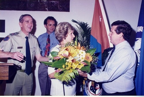 Medium presenting bouquet to mrs. mcaulay marking ceremony 26 june 1996