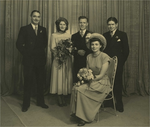 Medium wedding photograph of pam devine    les stone and bridal party 1949